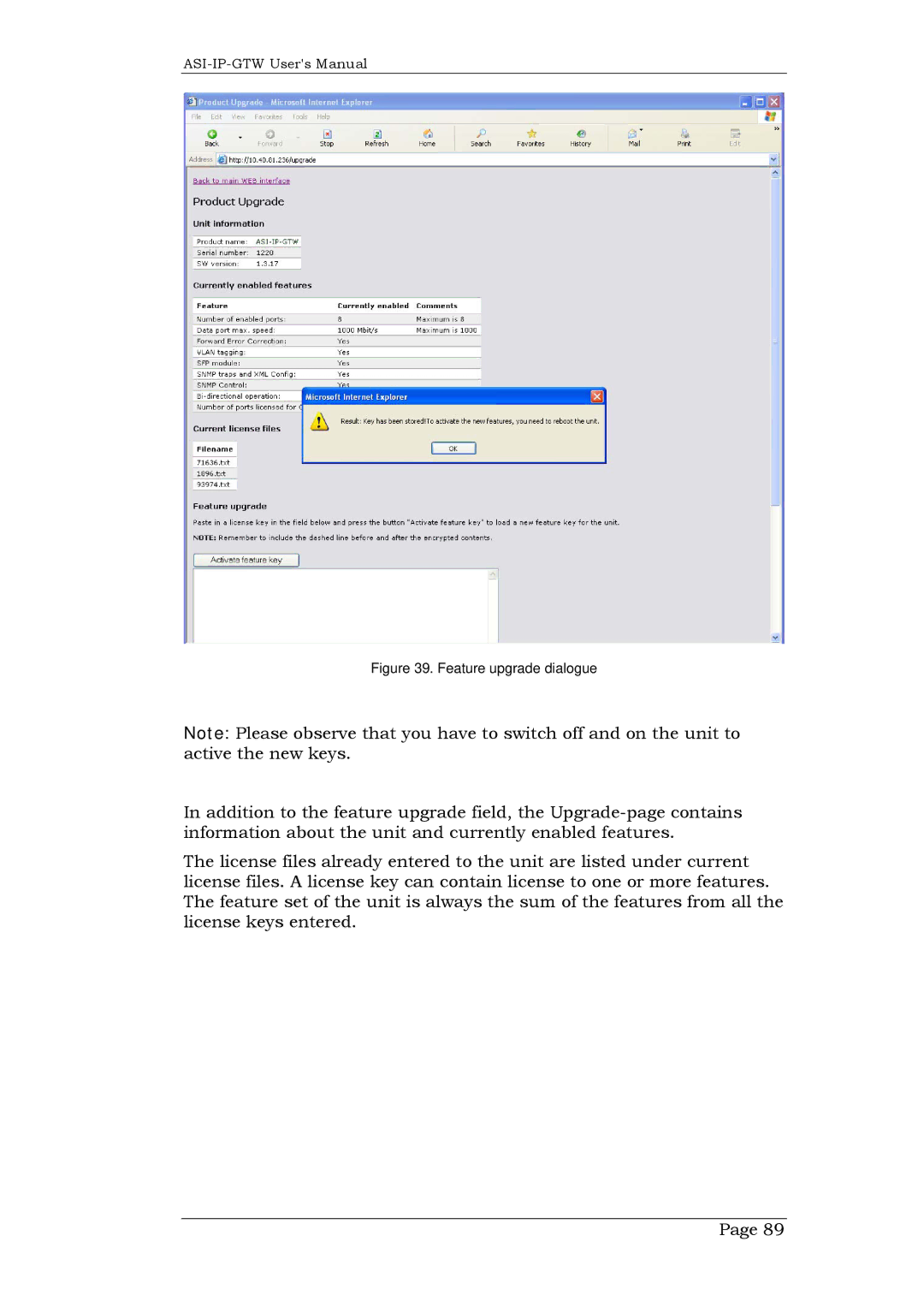 Network Technologies ASI-IP-GTW, DVB-ASI to IP user manual Feature upgrade dialogue 