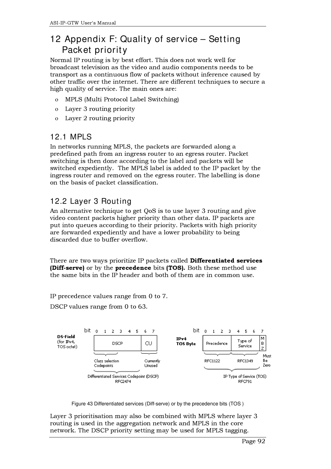 Network Technologies DVB-ASI to IP user manual Appendix F Quality of service Setting Packet priority, Mpls, Layer 3 Routing 