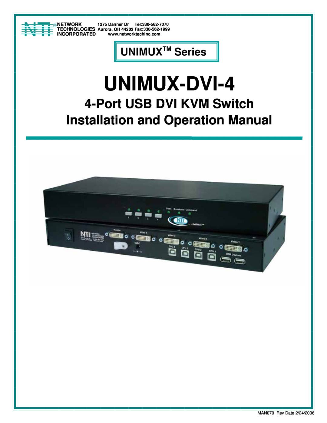 Network Technologies operation manual UNIMUX TM Series, UNIMUX-DVI-4, Port USB DVI KVM Switch 