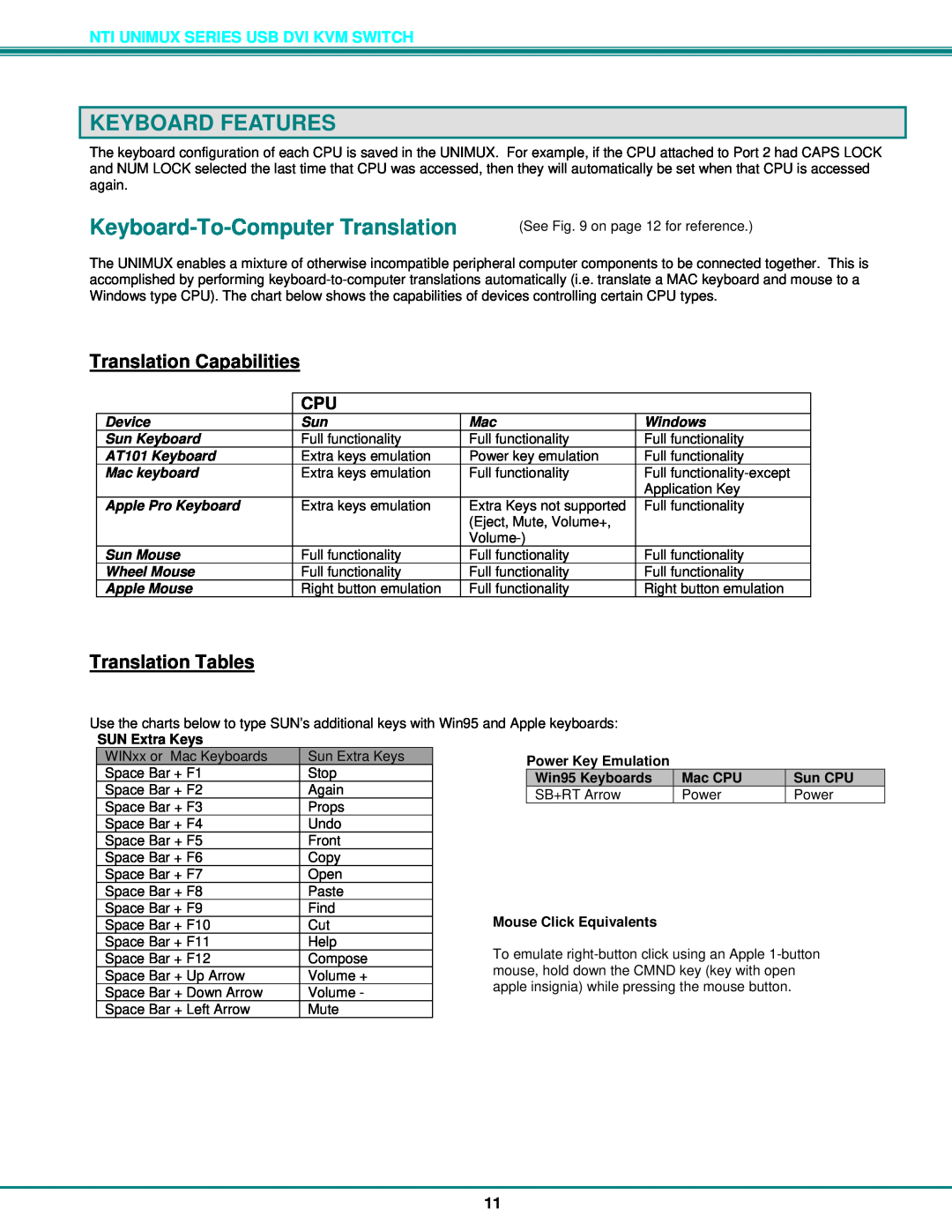 Network Technologies DVI-4 operation manual Keyboard Features, Keyboard-To-Computer Translation, Translation Capabilities 