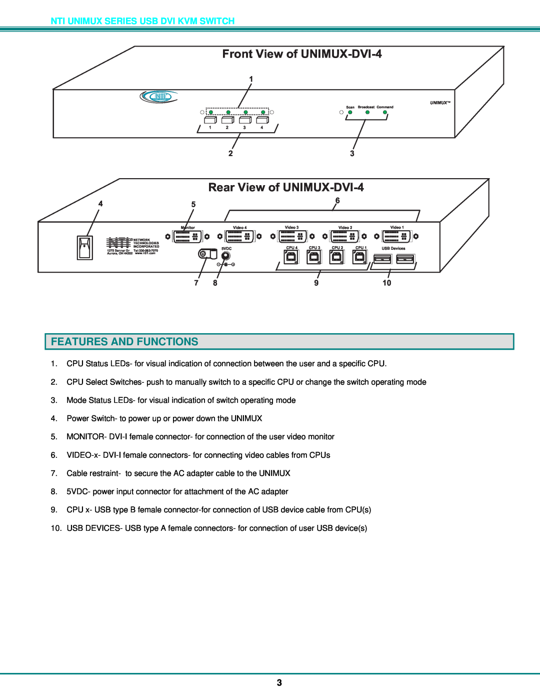 Network Technologies operation manual Features And Functions, FrontViewofUNIMUX-DVI-4, RearViewofUNIMUX-DVI-4 