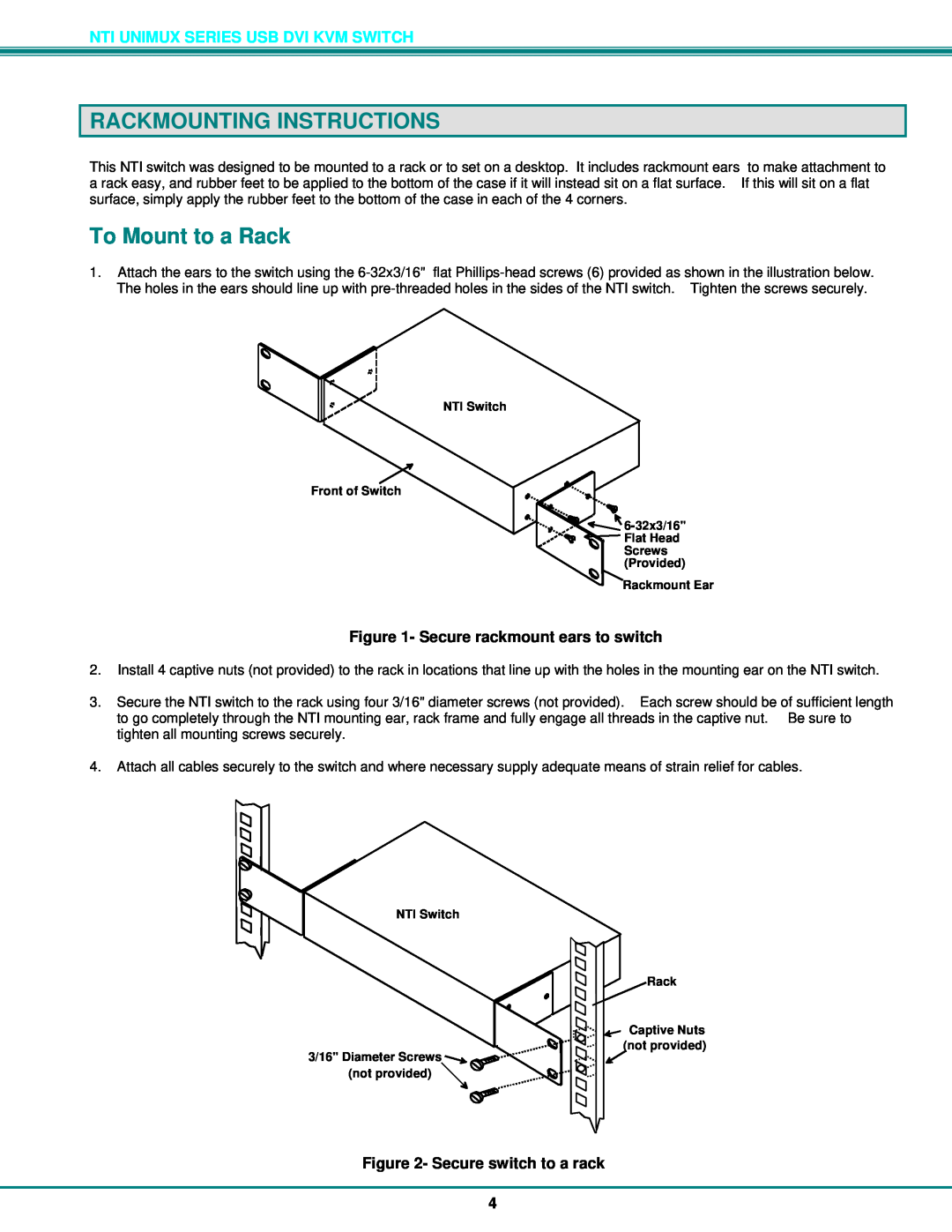 Network Technologies DVI-4 operation manual Rackmounting Instructions, To Mount to a Rack, Secure rackmount ears to switch 