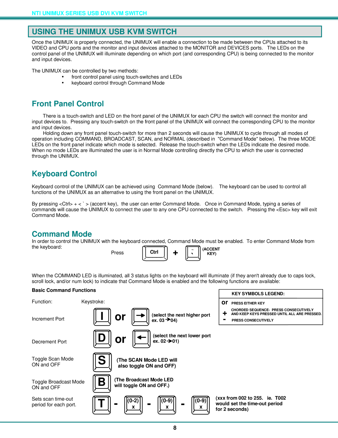 Network Technologies DVI-4 Using the Unimux USB KVM Switch, Front Panel Control, Keyboard Control, Command Mode 