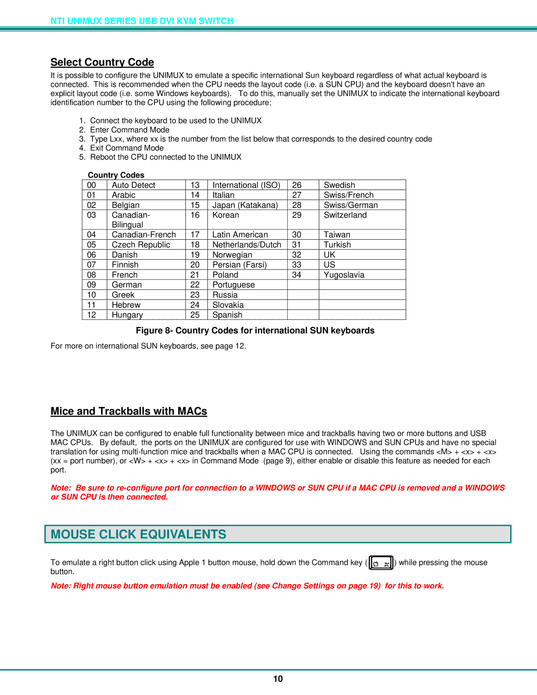 Network Technologies DVI-4 operation manual Mouse Click Equivalents, Select Country Code 