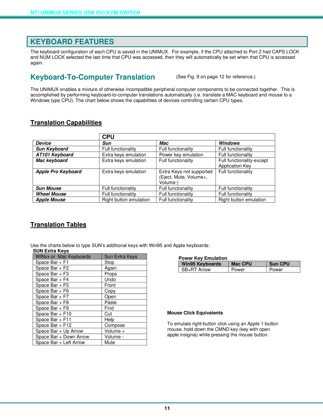 Network Technologies DVI-4 operation manual Keyboard Features, Keyboard-To-Computer Translation 