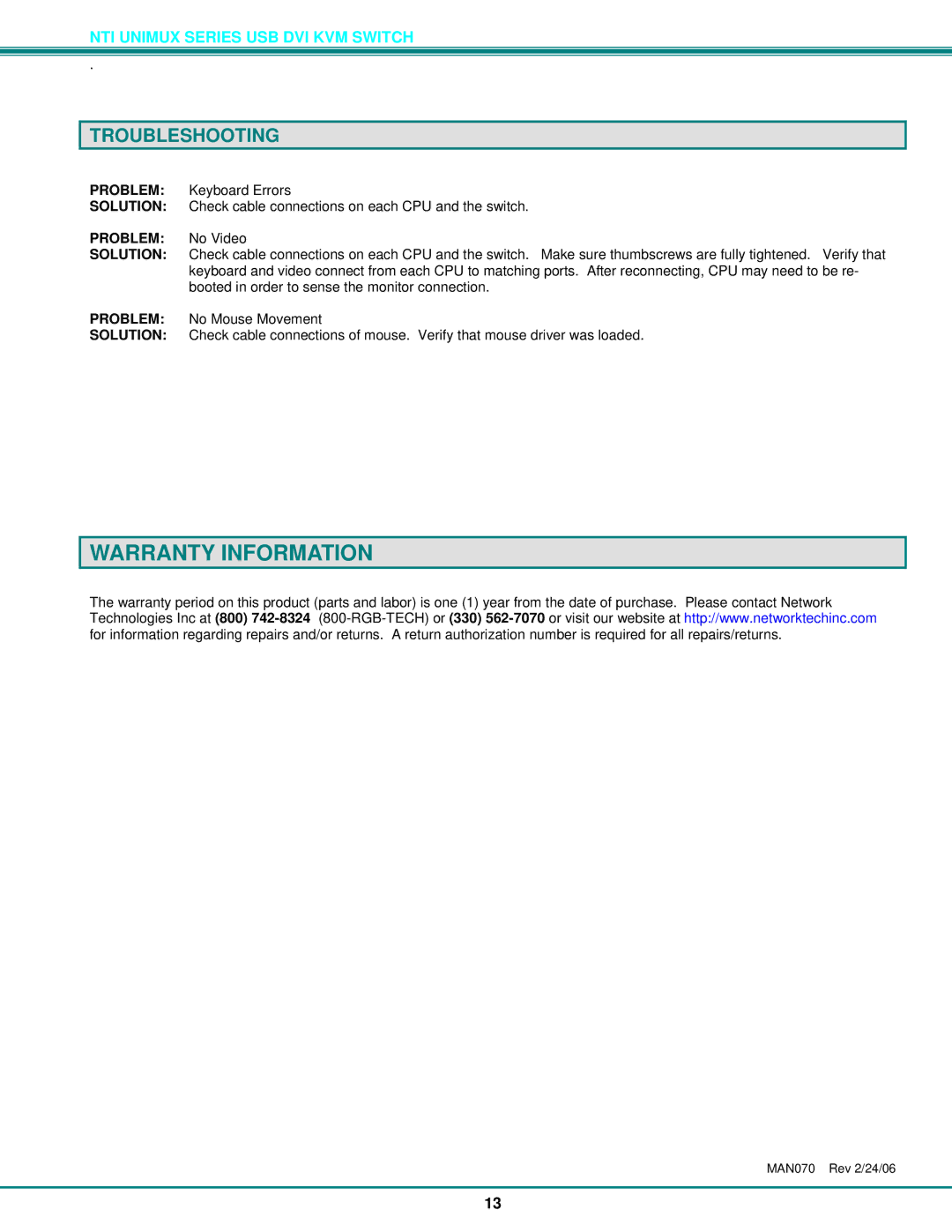 Network Technologies DVI-4 operation manual Warranty Information, Troubleshooting 