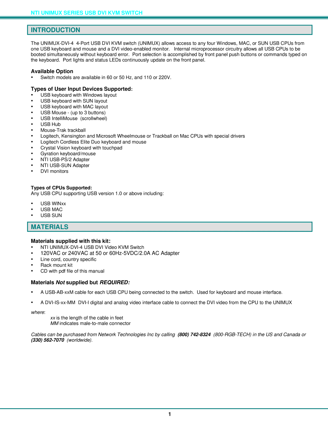 Network Technologies DVI-4 operation manual Introduction, Materials 