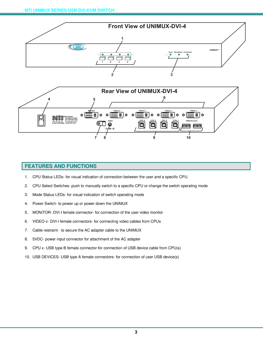 Network Technologies operation manual RearViewofUNIMUX-DVI-4, Features and Functions 