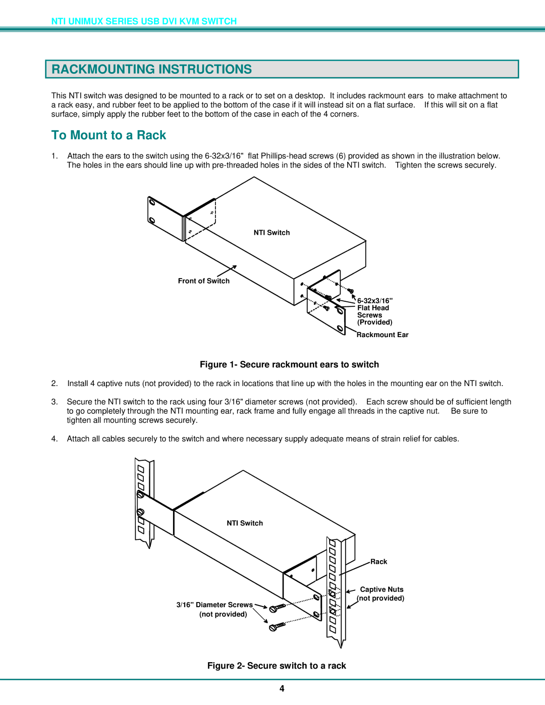 Network Technologies DVI-4 operation manual Rackmounting Instructions, To Mount to a Rack 