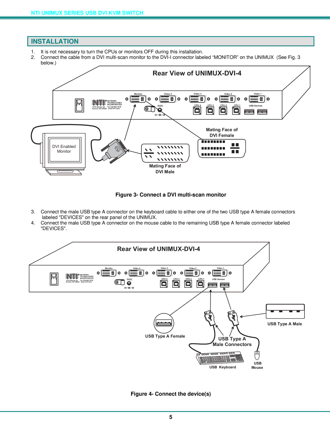 Network Technologies operation manual Installation, RearViewofUNIMUX-DVI-4 