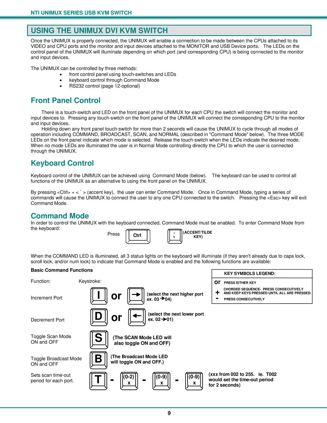 Network Technologies DVI-x Using the Unimux DVI KVM Switch, Front Panel Control, Keyboard Control, Command Mode 