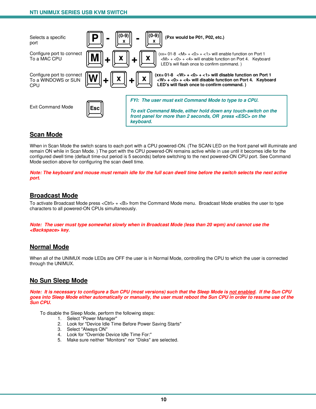 Network Technologies DVI-x operation manual Scan Mode, Broadcast Mode, Normal Mode, No Sun Sleep Mode 