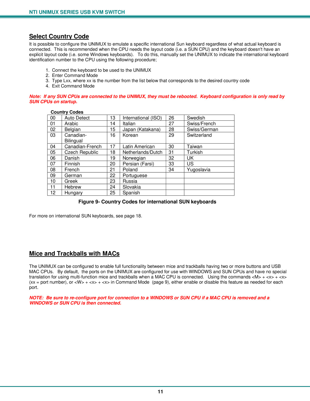 Network Technologies DVI-x operation manual Select Country Code, Mice and Trackballs with MACs, Country Codes 