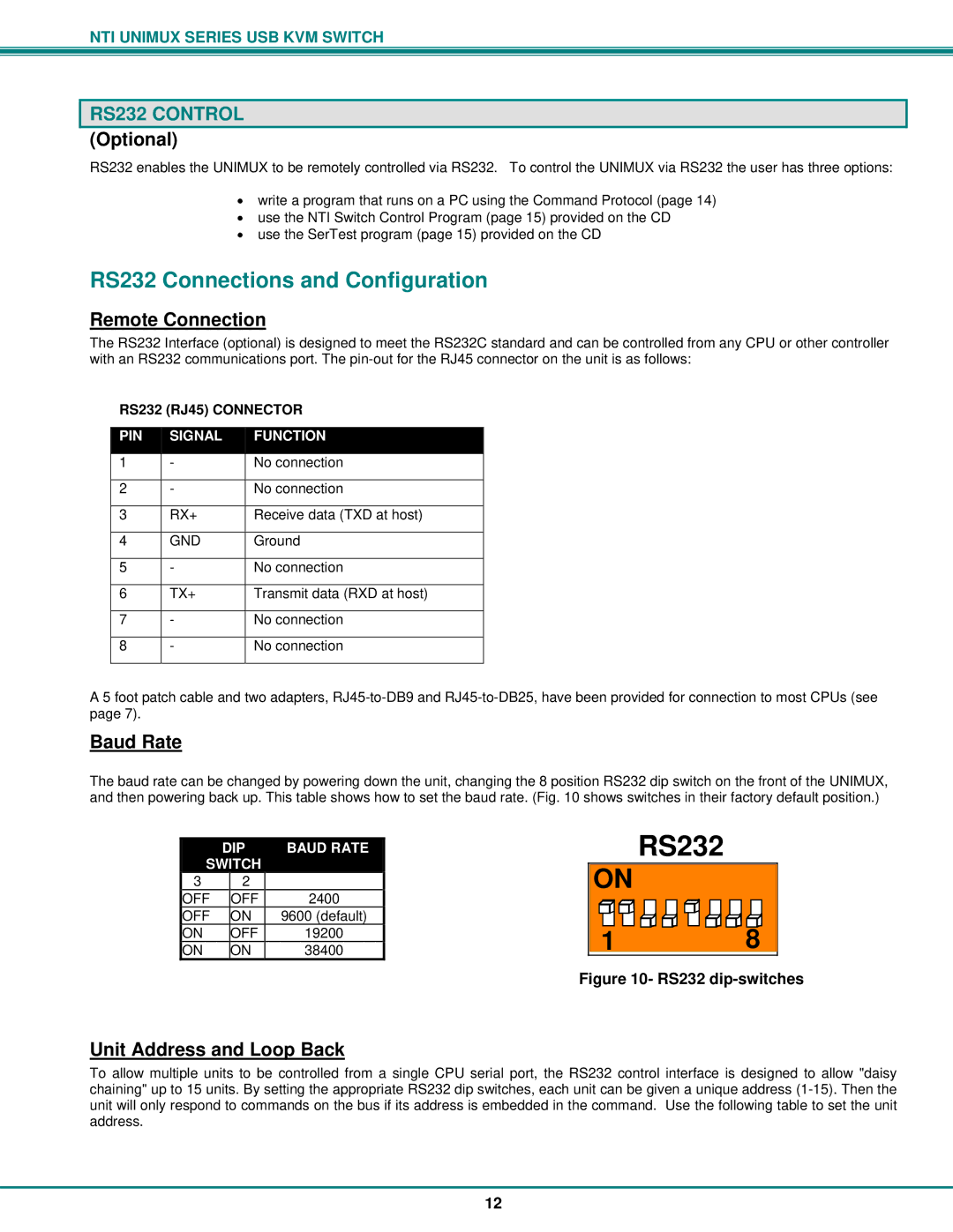 Network Technologies DVI-x operation manual RS232 Connections and Configuration, RS232 Control 