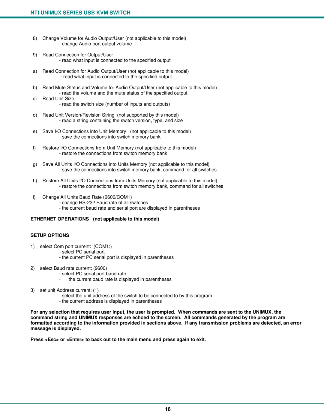 Network Technologies DVI-x operation manual Ethernet Operations not applicable to this model, Setup Options 