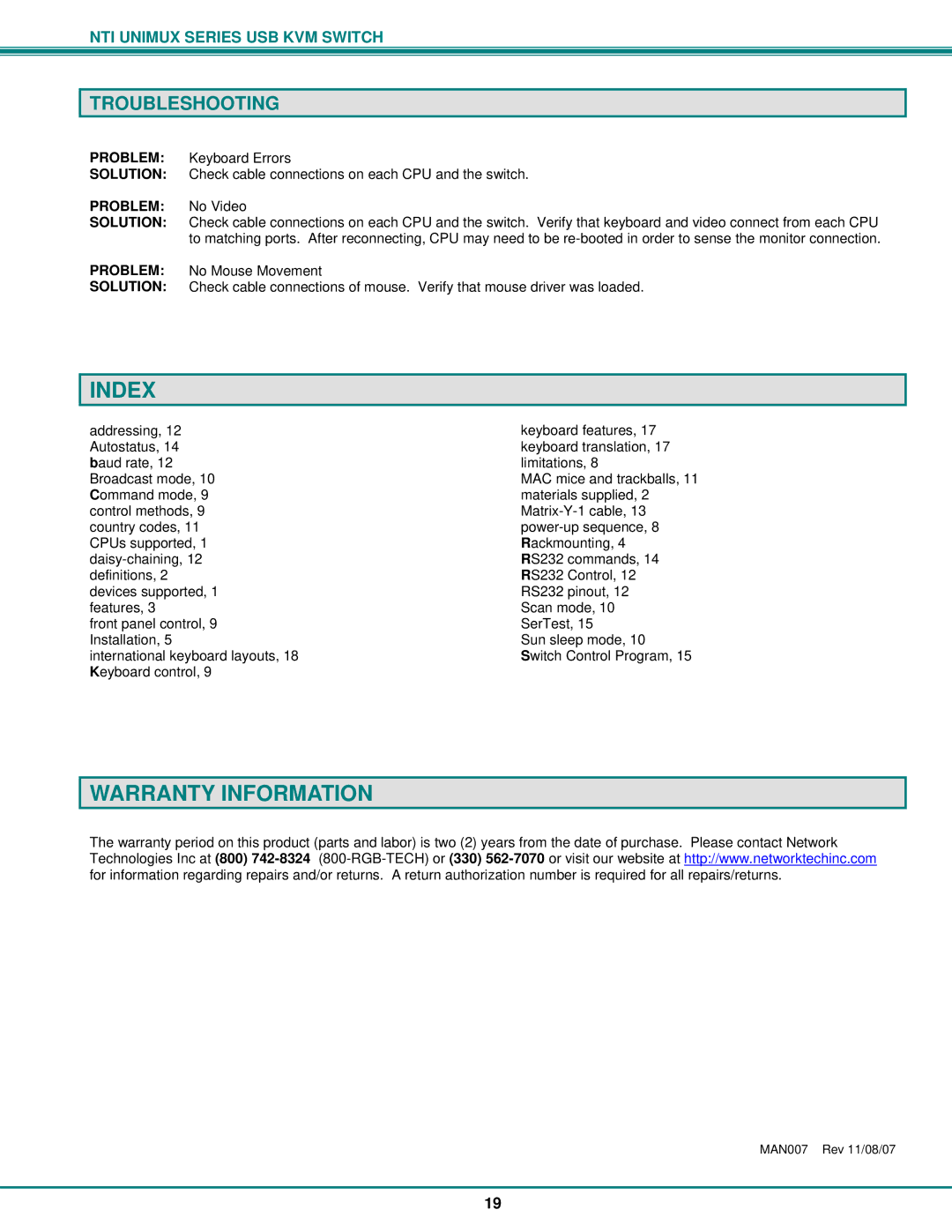 Network Technologies DVI-x operation manual Index, Warranty Information, Troubleshooting, Problem No Video 