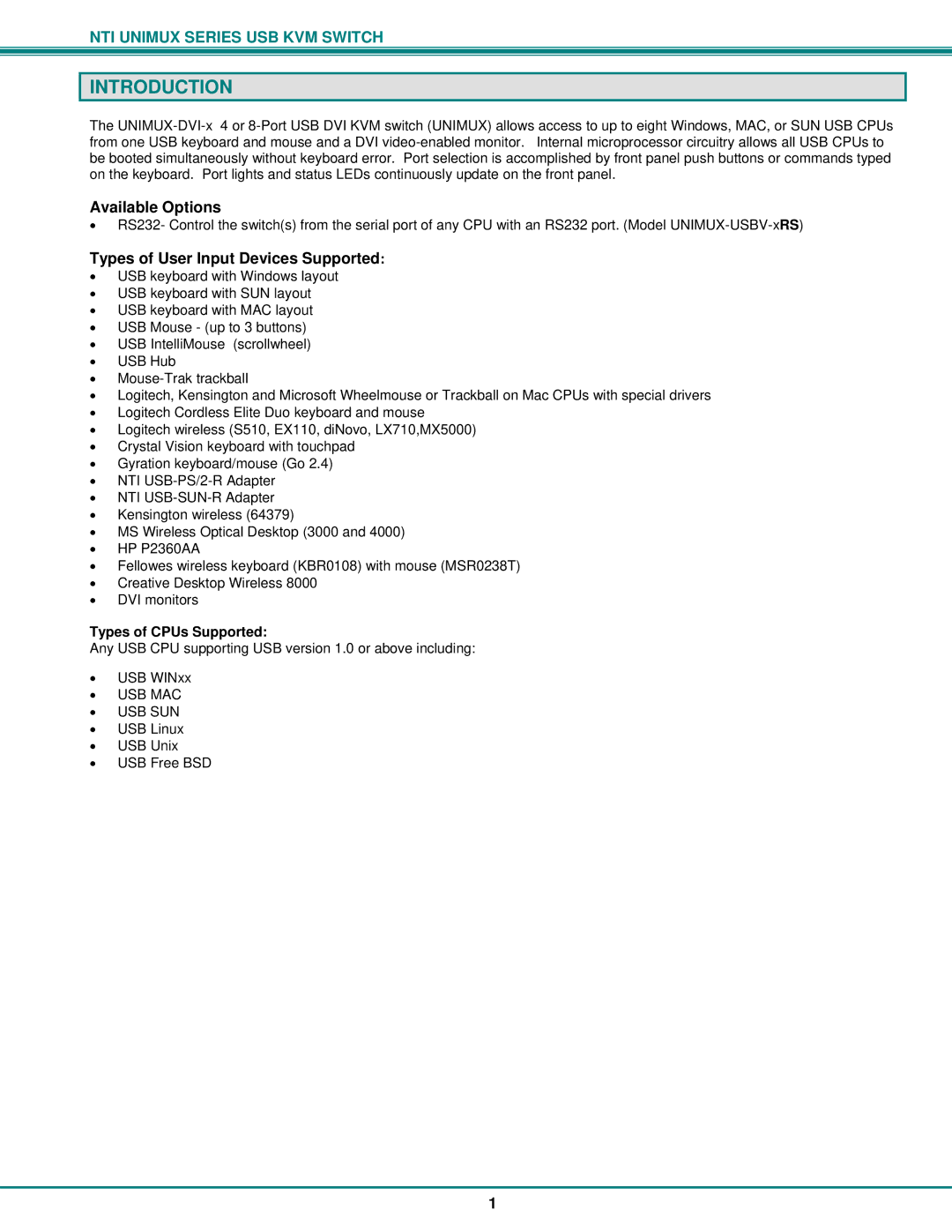 Network Technologies DVI-x Introduction, Available Options, Types of User Input Devices Supported, Types of CPUs Supported 