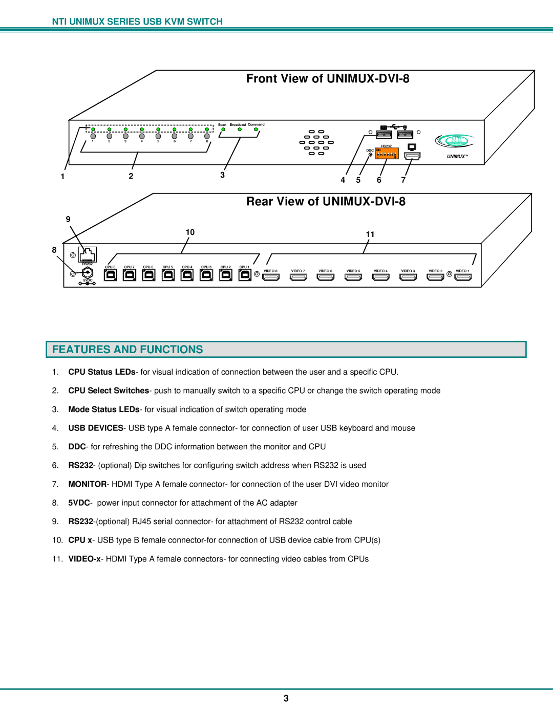 Network Technologies DVI-x operation manual Rear View of UNIMUX-DVI-8, Features and Functions 