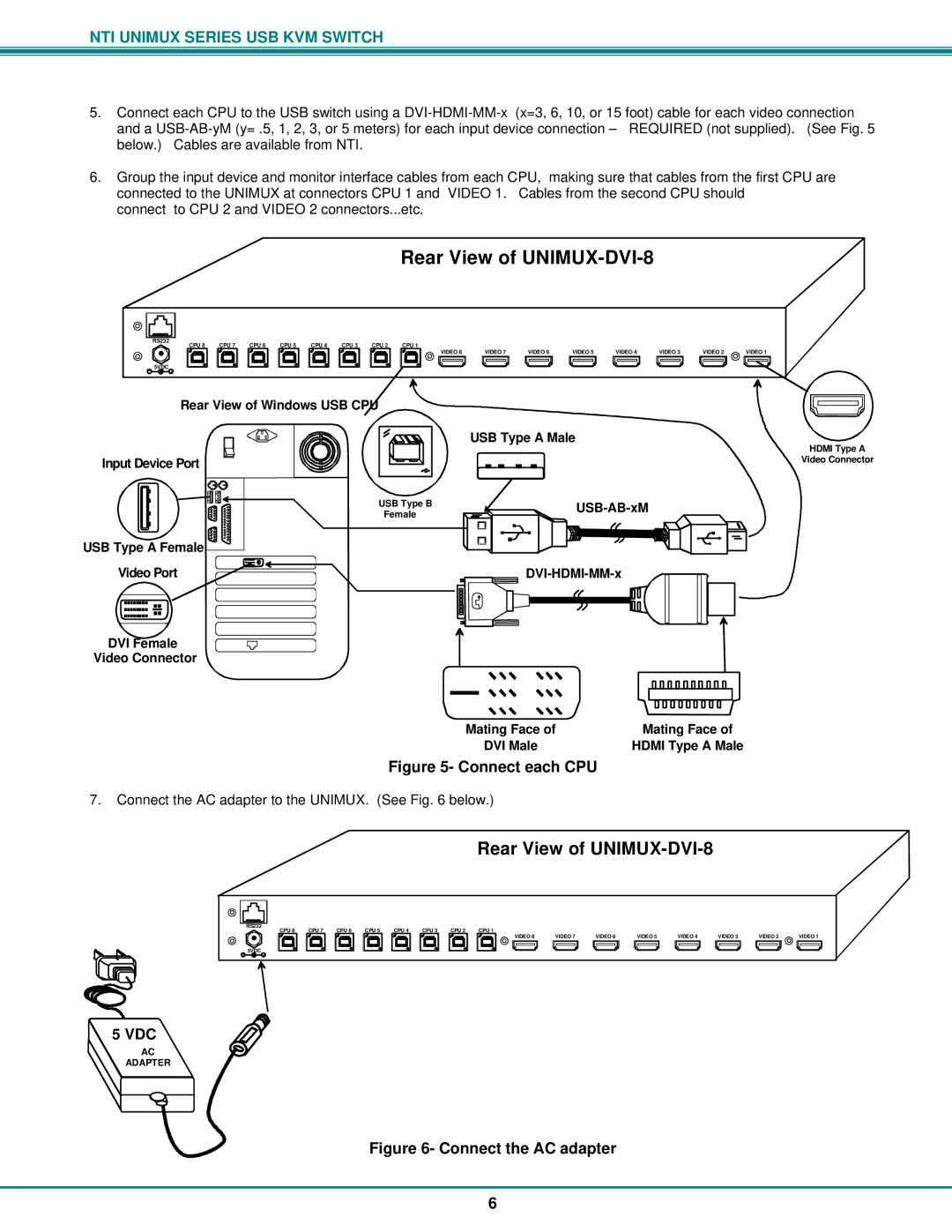 Network Technologies DVI-x operation manual Rear View of UNIMUX-DVI-8, Connect each CPU 