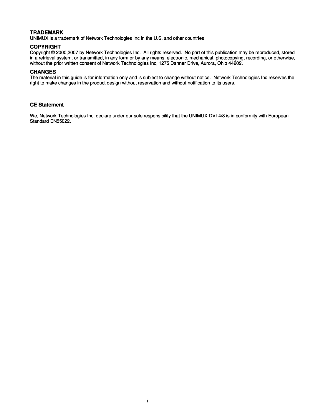 Network Technologies DVI-x operation manual Trademark, Copyright, Changes, CE Statement 