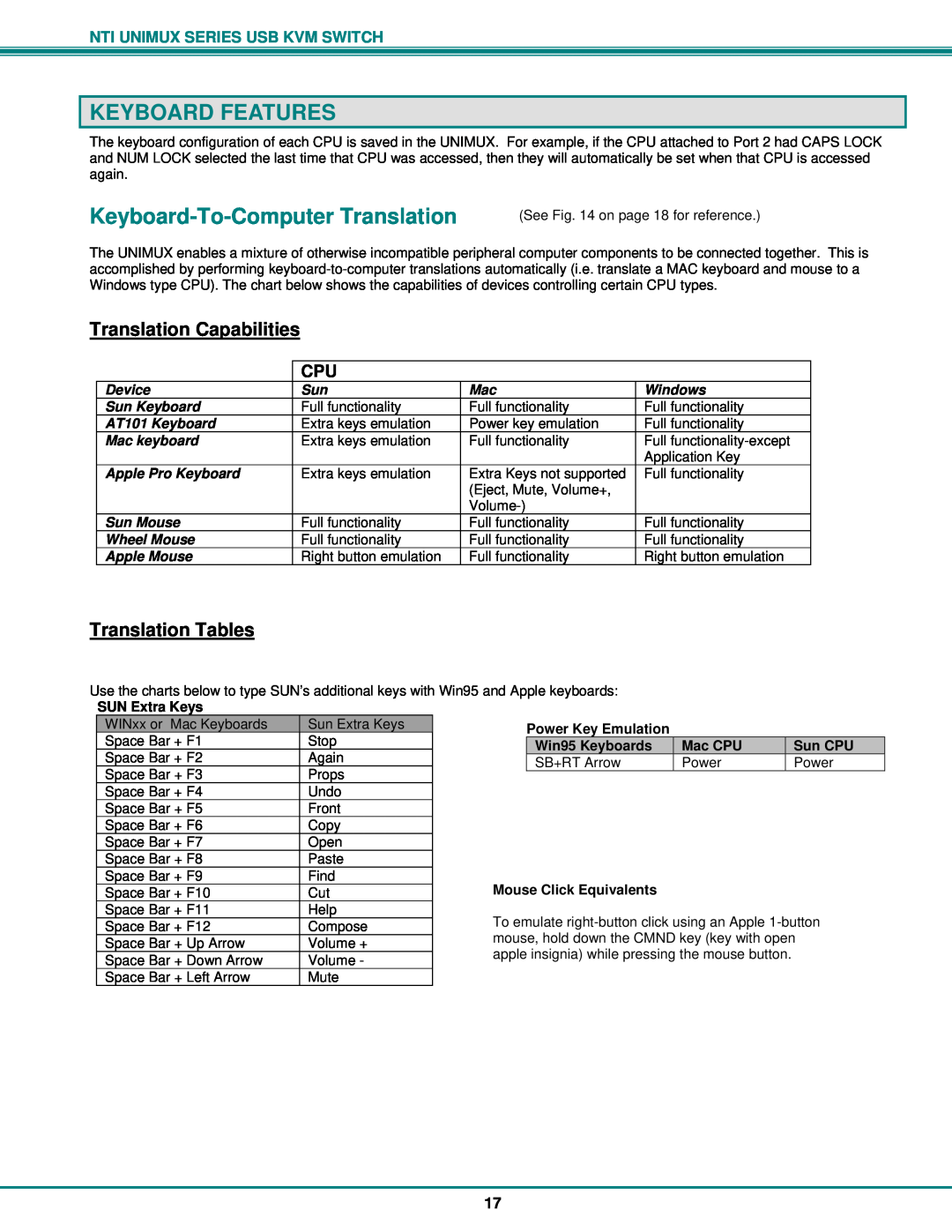 Network Technologies DVI-x operation manual Keyboard Features, Keyboard-To-Computer Translation, Translation Capabilities 