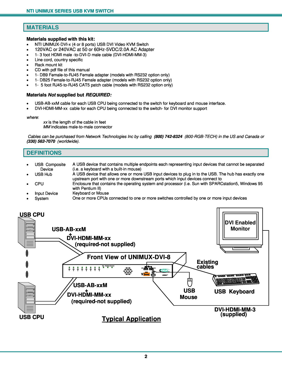 Network Technologies DVI-x operation manual Typical Application, Front View of UNIMUX-DVI-8, Materials, Definitions 