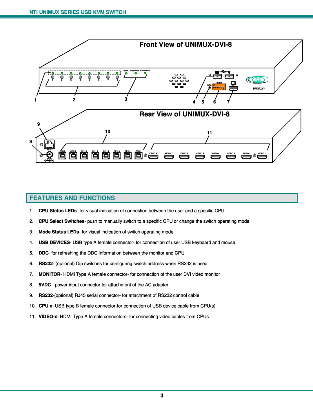 Network Technologies DVI-x operation manual Front View of UNIMUX-DVI-8, Rear View of UNIMUX-DVI-8, Features And Functions 
