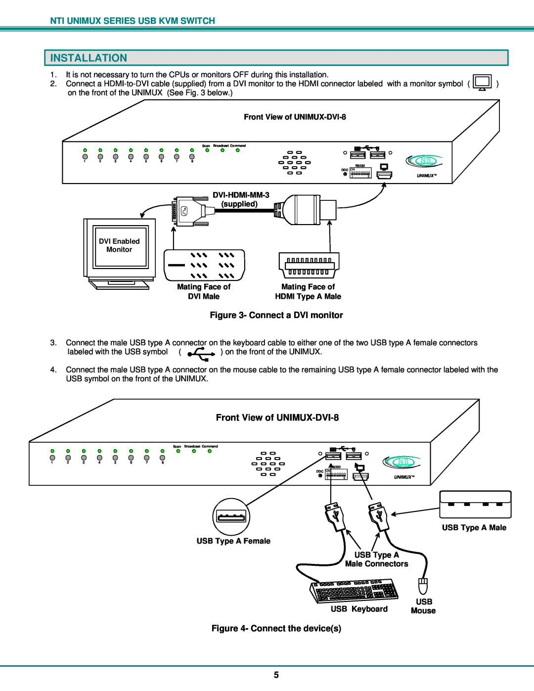 Network Technologies DVI-x Installation, Front View of UNIMUX-DVI-8, Nti Unimux Series Usb Kvm Switch, Connect the devices 