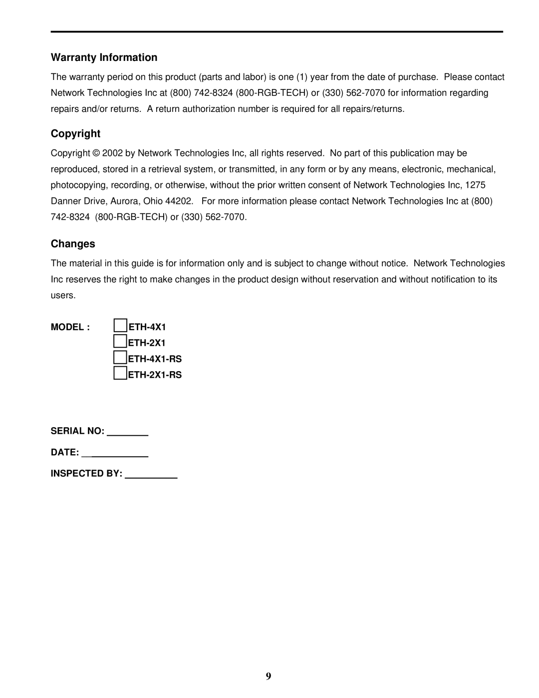 Network Technologies ETH-4X1 / 2X1 manual Warranty Information, Copyright, Changes 