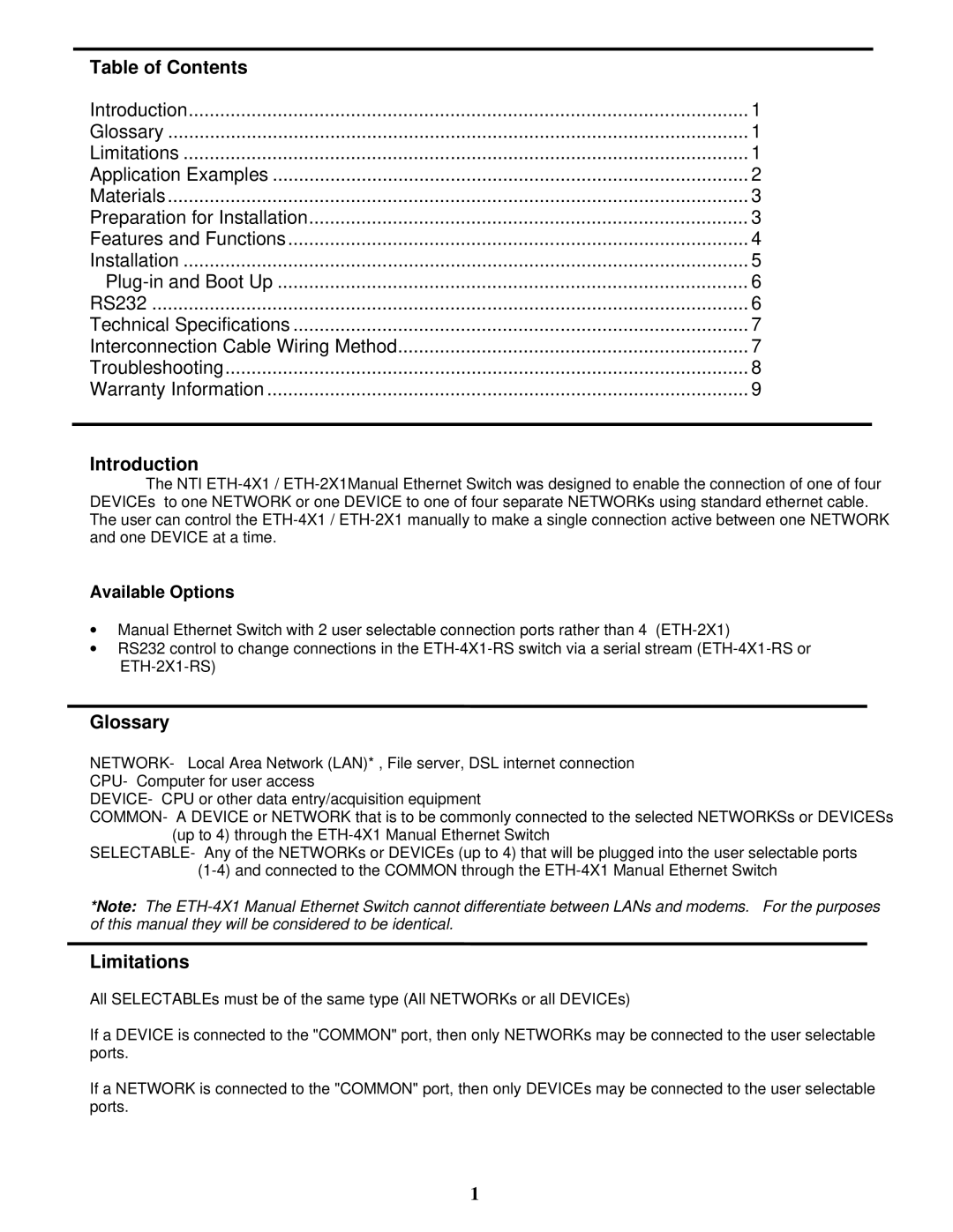 Network Technologies ETH-4X1 / 2X1 manual Table of Contents, Introduction, Glossary, Limitations 