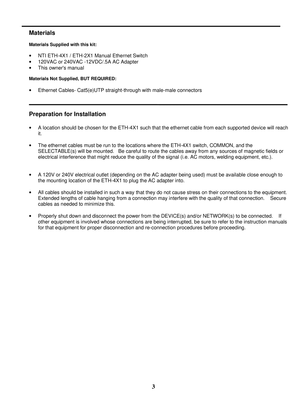 Network Technologies ETH-4X1 / 2X1 manual Materials, Preparation for Installation 