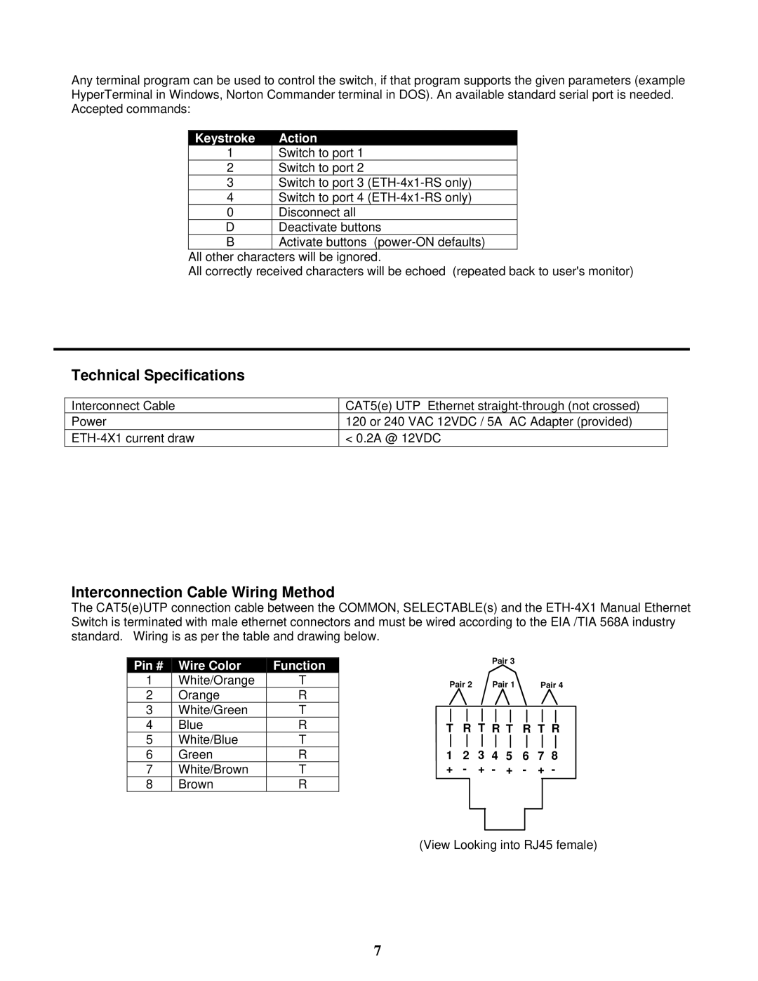 Network Technologies ETH-4X1 / 2X1 manual Technical Specifications, Interconnection Cable Wiring Method 