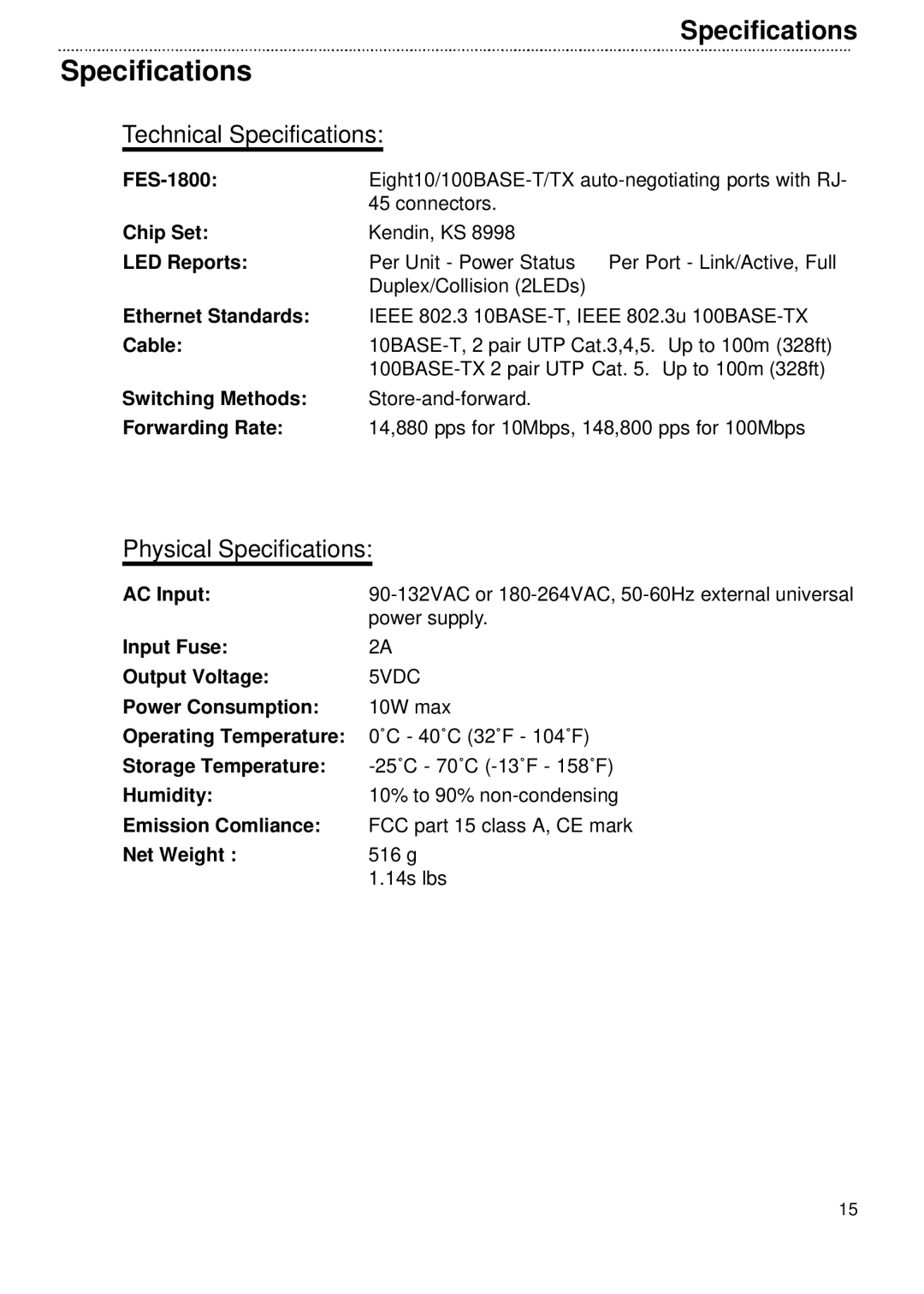 Network Technologies FES-1800 user manual Technical Specifications, Physical Specifications 