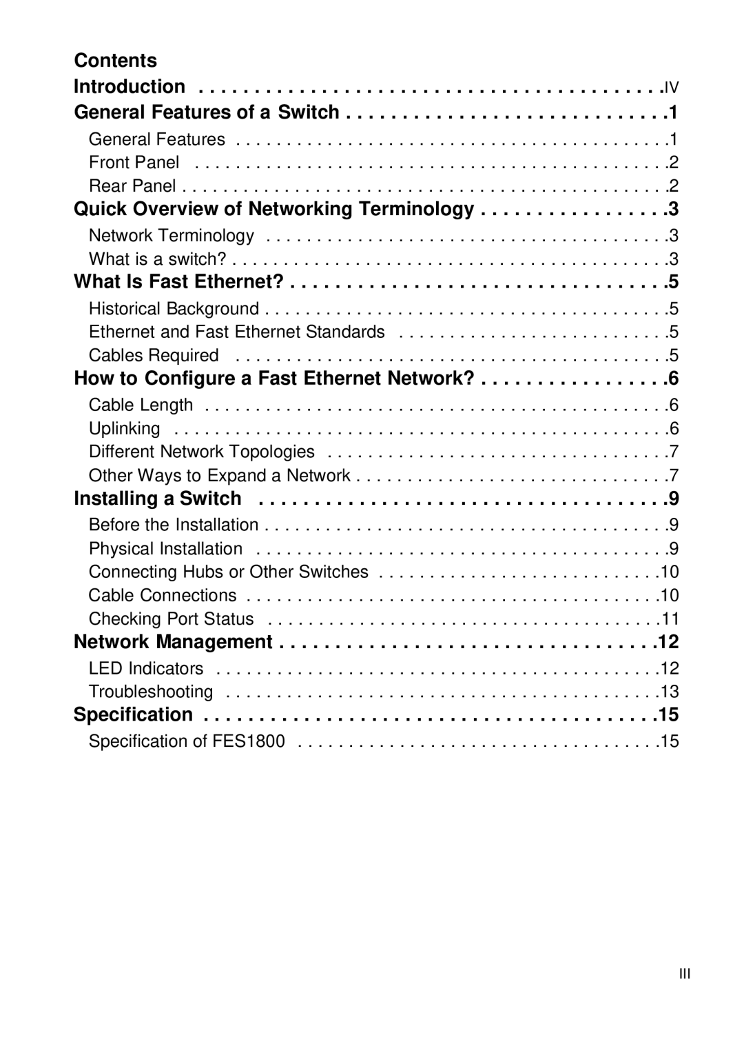 Network Technologies FES-1800 user manual Contents Introduction General Features of a Switch 