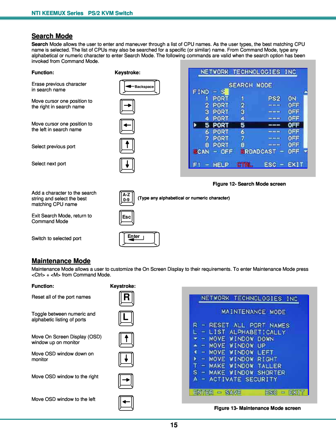 Network Technologies KEEMUX-Px operation manual Maintenance Mode, FunctionKeystroke, Search Mode screen, Esc Enter 