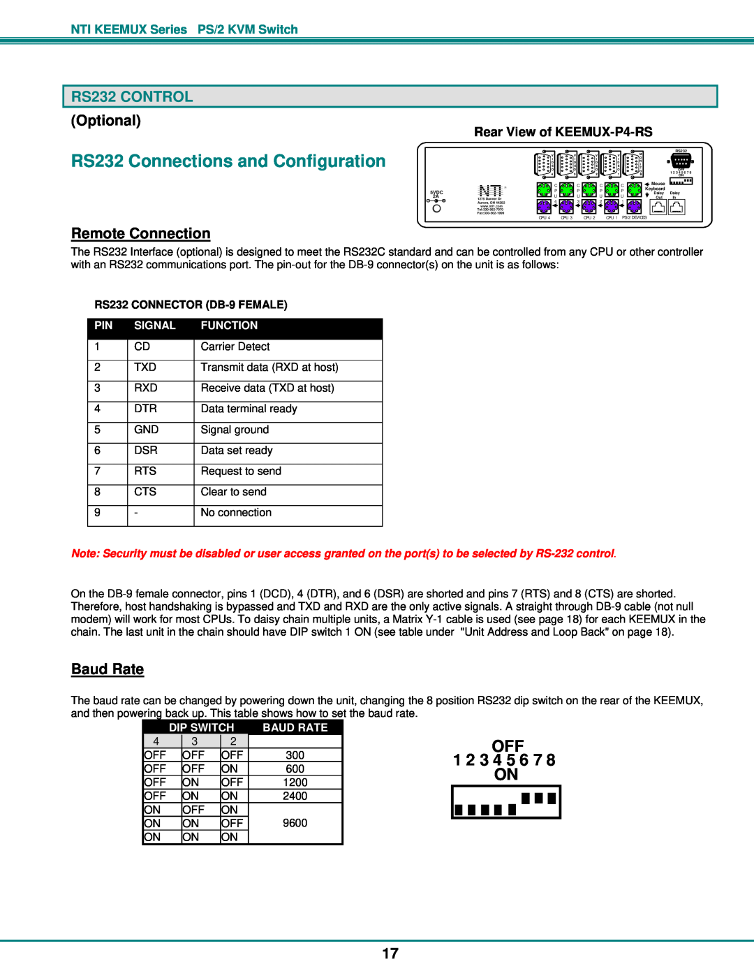 Network Technologies KEEMUX-Px RS232 Connections and Configuration, RS232 CONTROL, Remote Connection, Baud Rate, Signal 