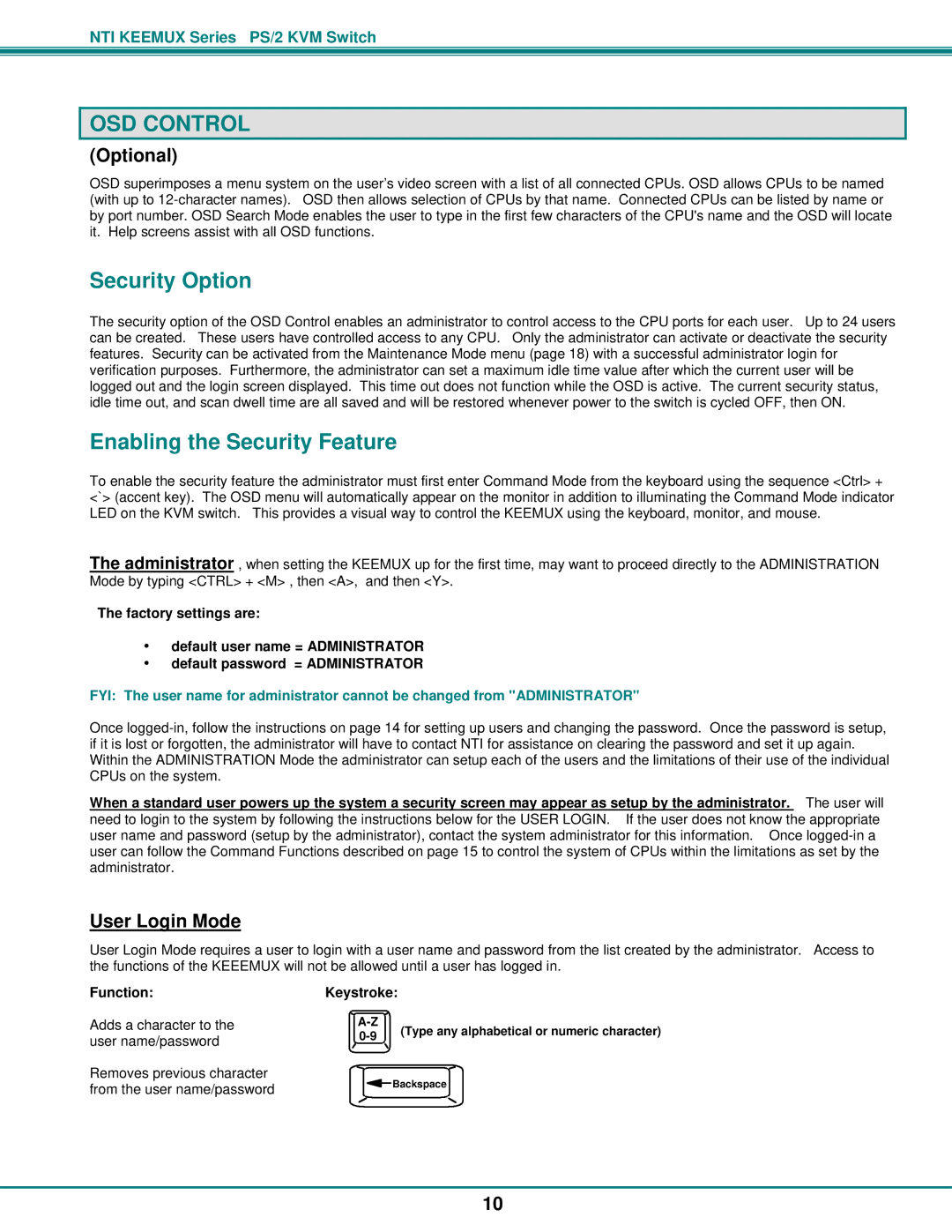 Network Technologies KEEMUX-Px OSD Control, Security Option, Enabling the Security Feature, Optional, User Login Mode 