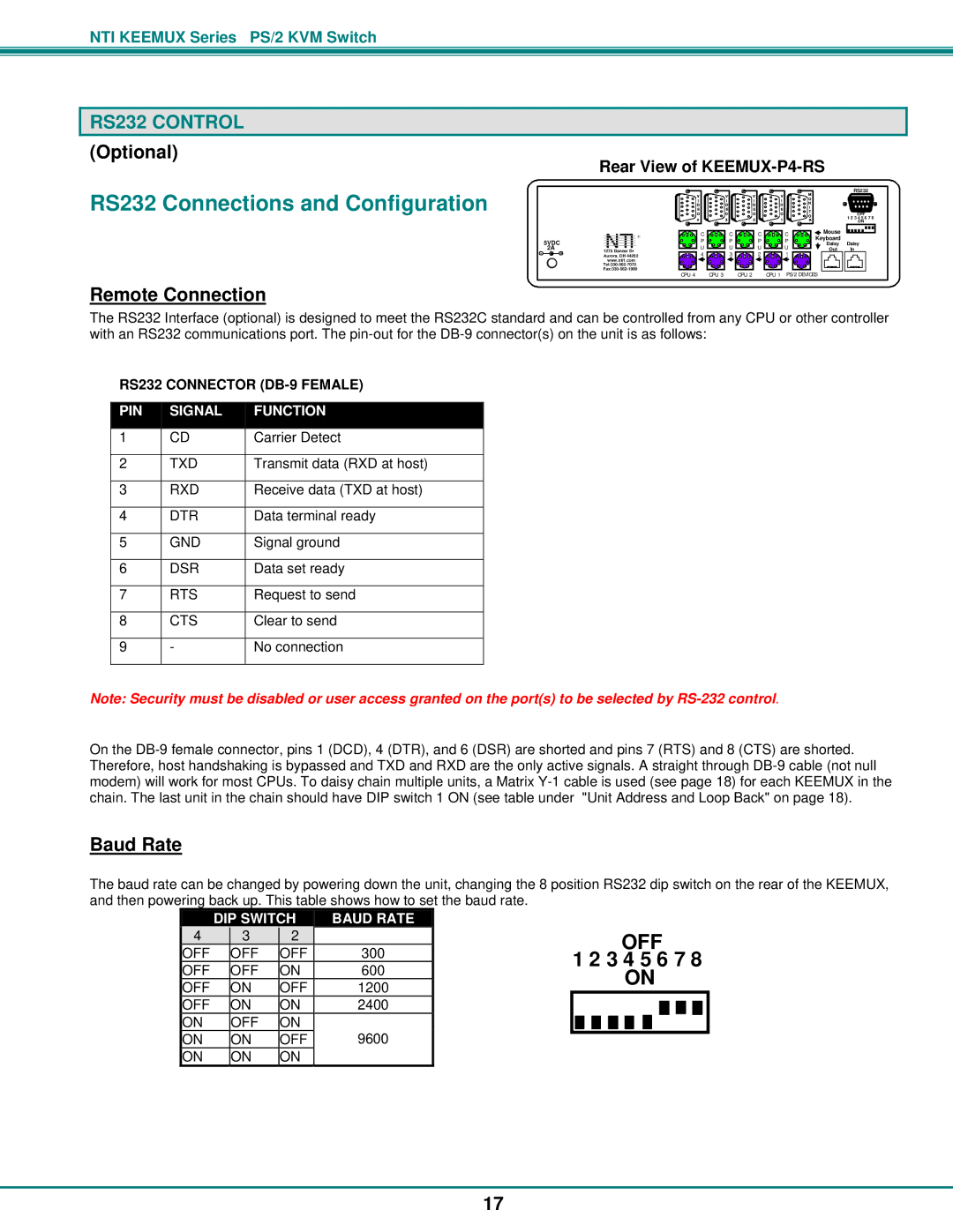 Network Technologies KEEMUX-Px operation manual RS232 Connections and Configuration, Remote Connection, Baud Rate 