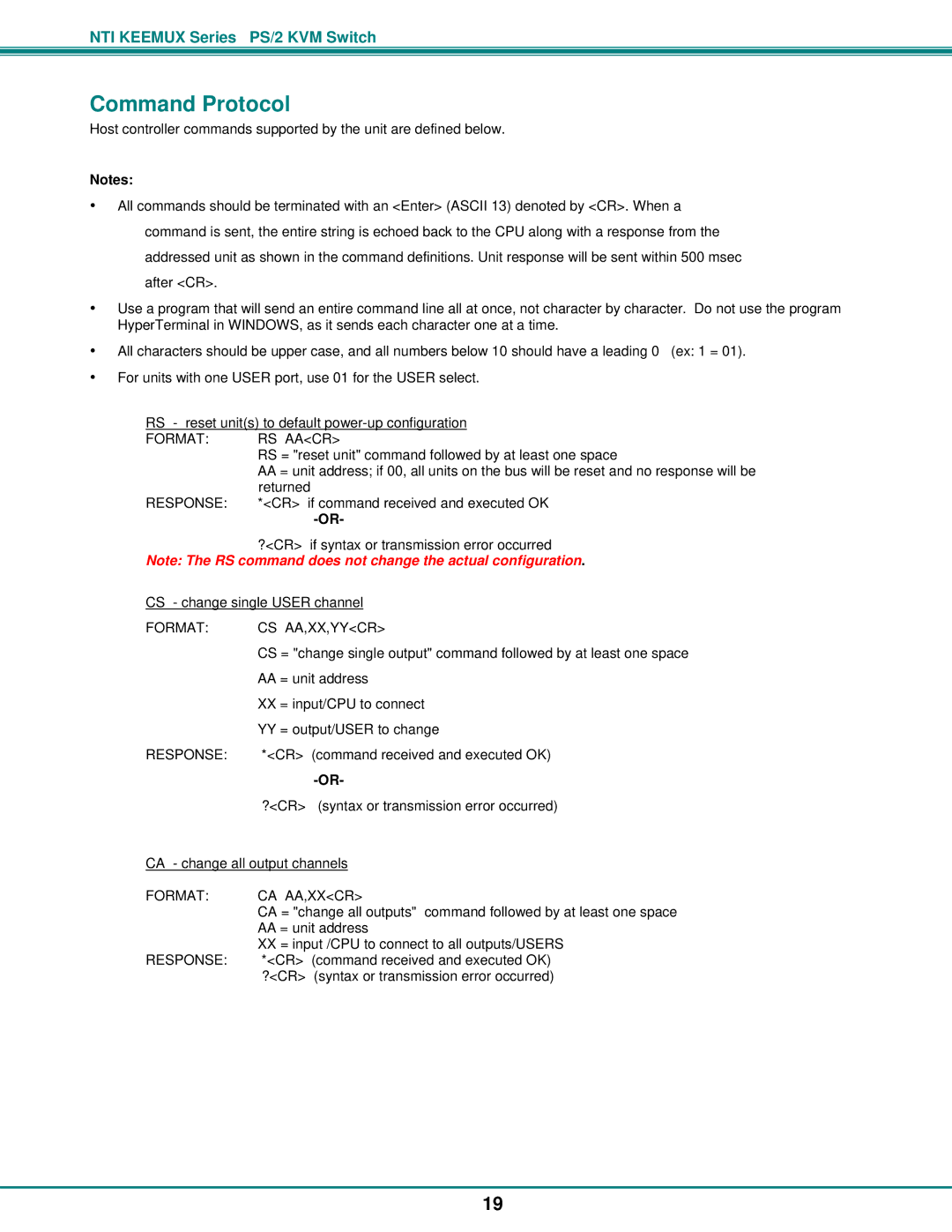 Network Technologies KEEMUX-Px Command Protocol, Format RS Aacr, Response, Format CS AA,XX,YYCR, Format CA AA,XXCR 