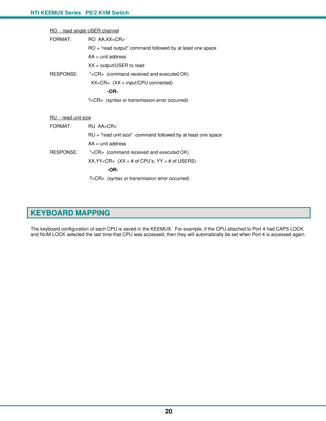 Network Technologies KEEMUX-Px operation manual Keyboard Mapping, Format RO AA,XXCR, Format RU Aacr 