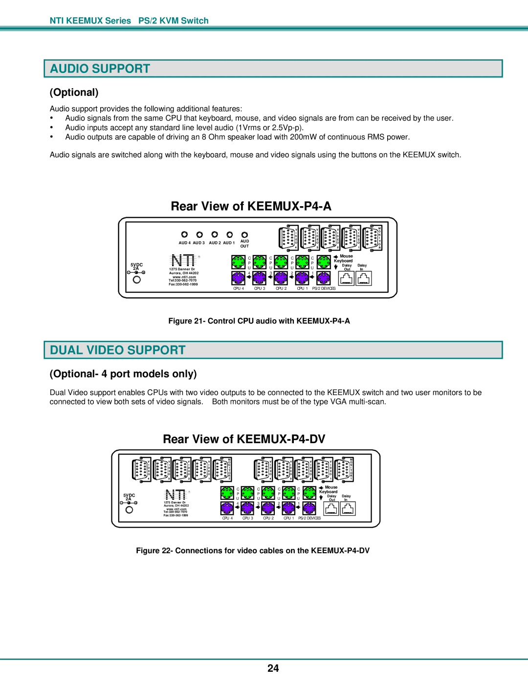 Network Technologies KEEMUX-Px operation manual Audio Support, Dual Video Support, Optional- 4 port models only 