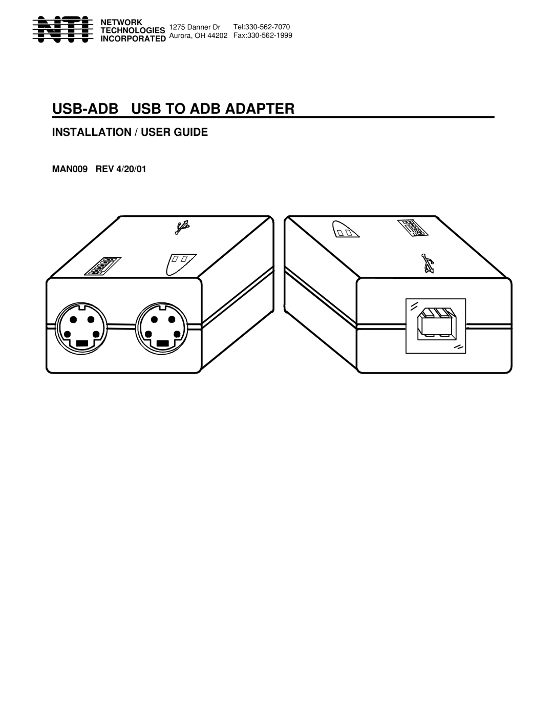 Network Technologies MAN009 manual USB-ADB USB to ADB Adapter 