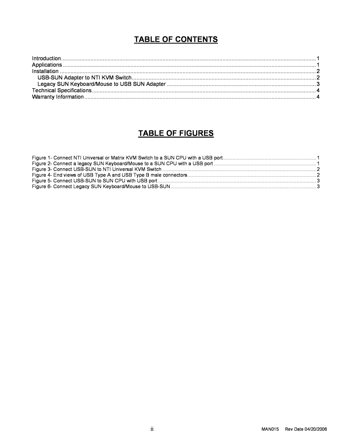 Network Technologies MAN015 installation manual Table Of Contents, Table Of Figures 
