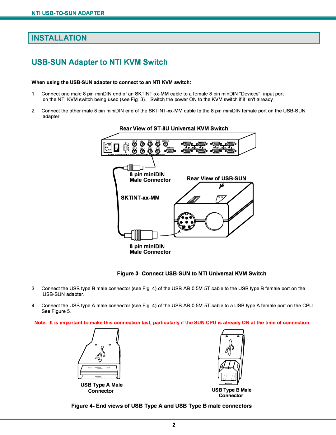 Network Technologies MAN015 INSTALLATION USB-SUN Adapter to NTI KVM Switch, Nti Usb-To-Sun Adapter, pin miniDIN 