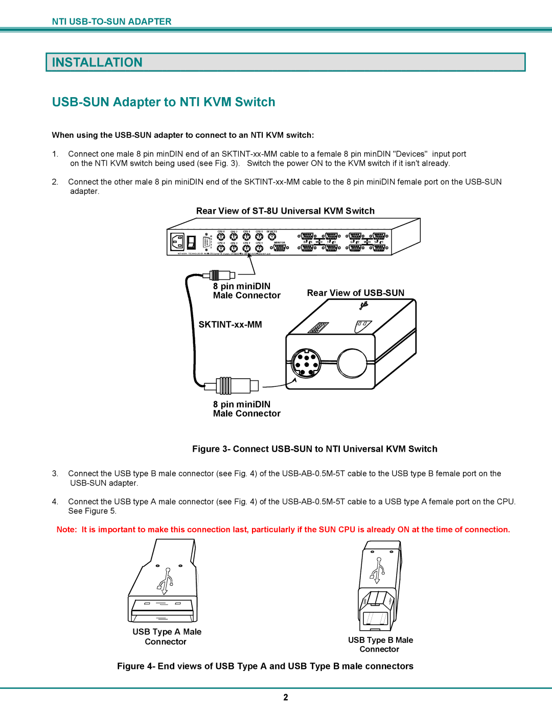 Network Technologies MAN015 installation manual Installation, USB-SUN Adapter to NTI KVM Switch 