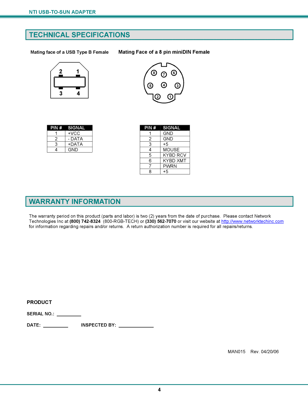 Network Technologies MAN015 installation manual Technical Specifications, Warranty Information 