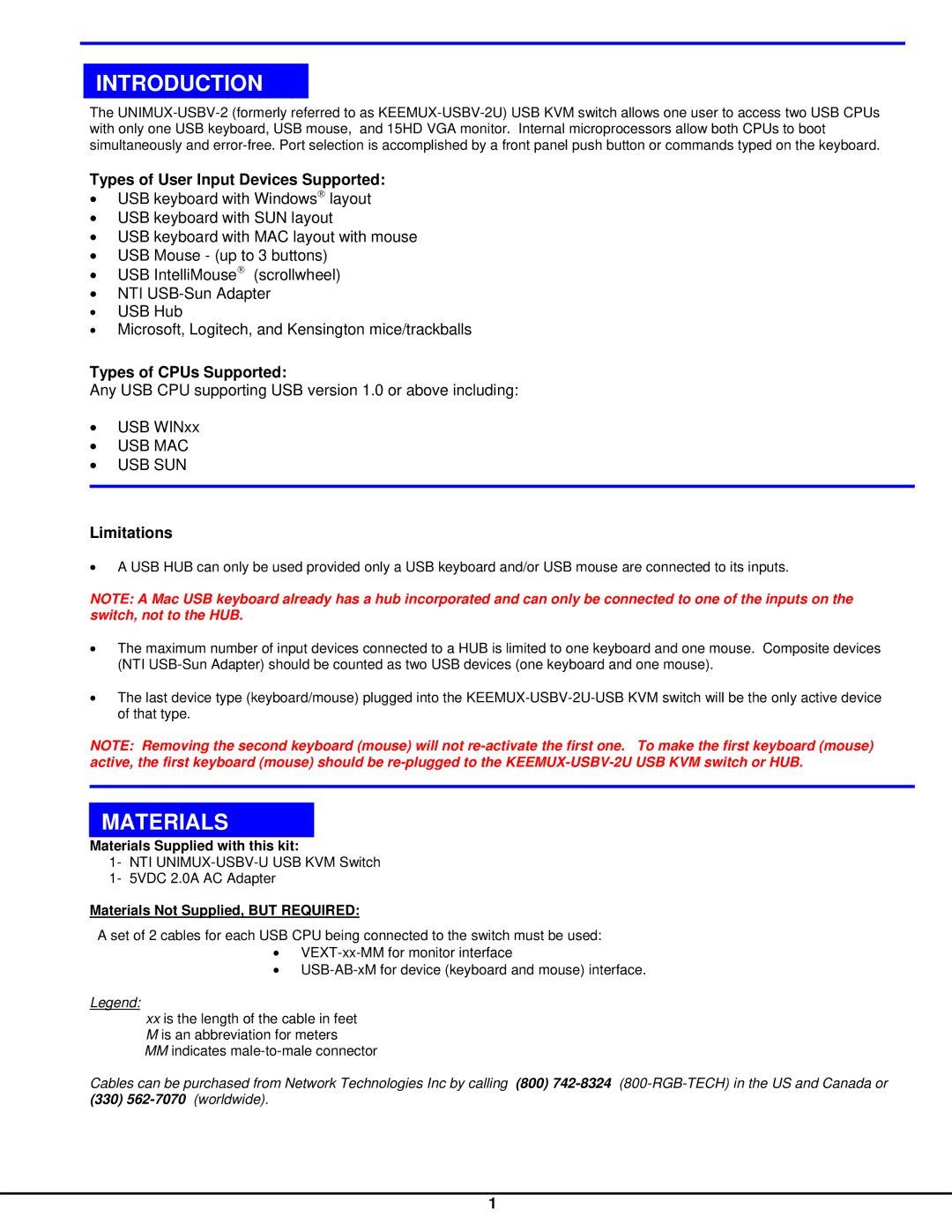 Network Technologies MAN027 manual Introduction, Materials, Types of User Input Devices Supported, Types of CPUs Supported 