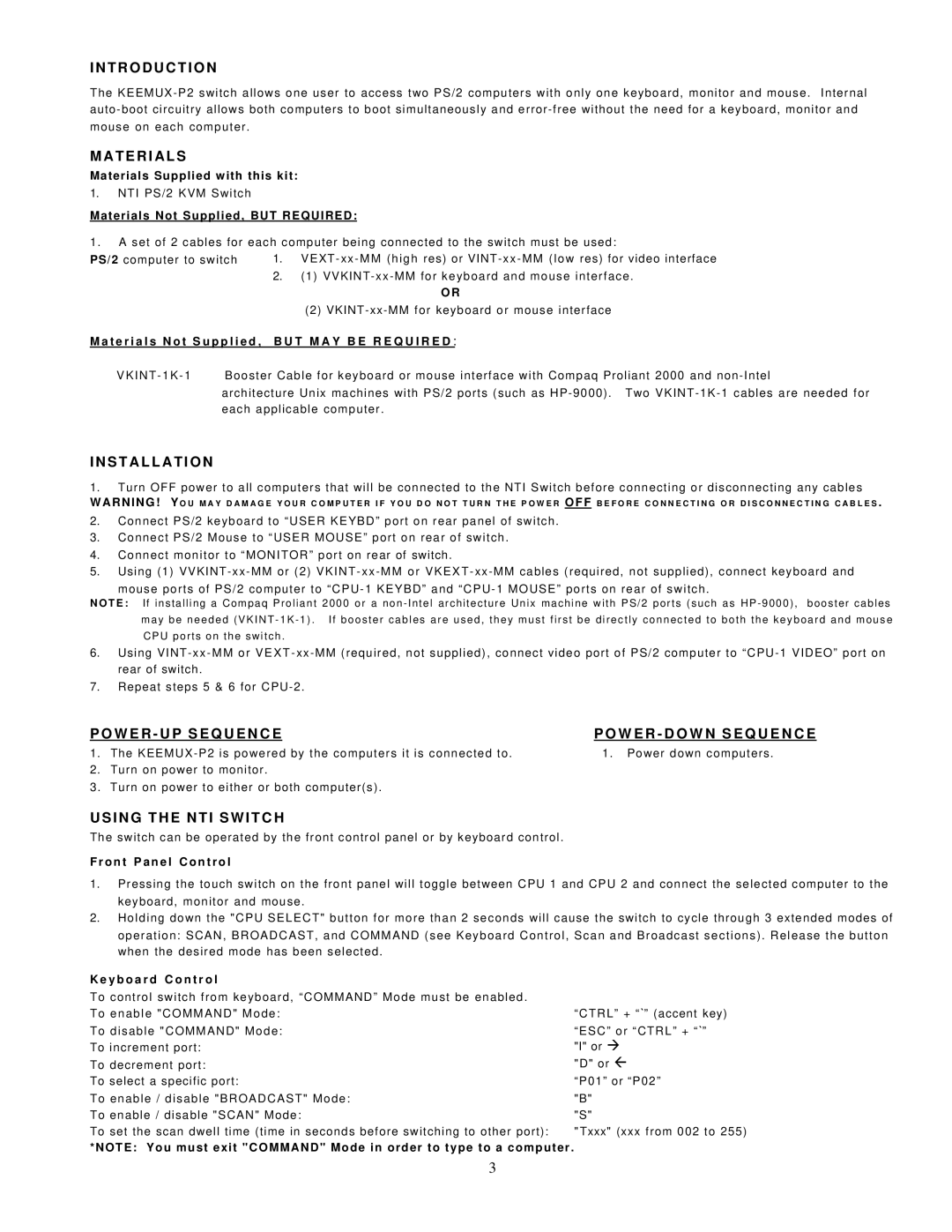 Network Technologies MAN049 manual T R O D U C T I O N, T E R I a L S, Installation, W E R U P S E Q U E N C E 