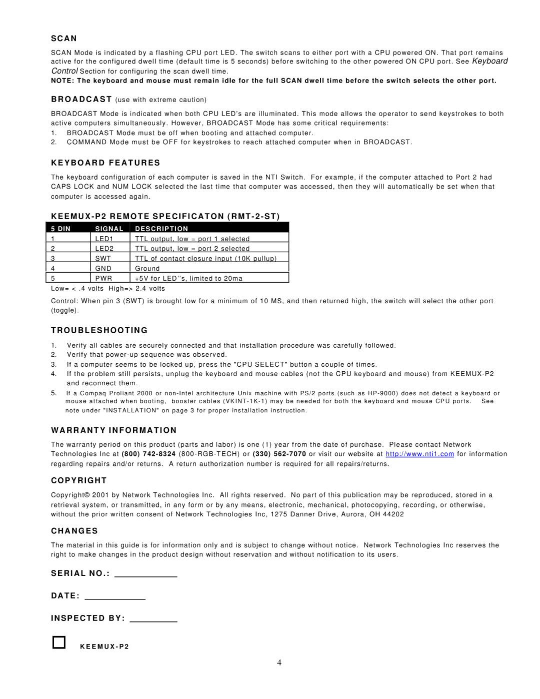 Network Technologies MAN049 manual Y B O a R D F E a T U R E S, Troubleshooting, A N G E S, Date 