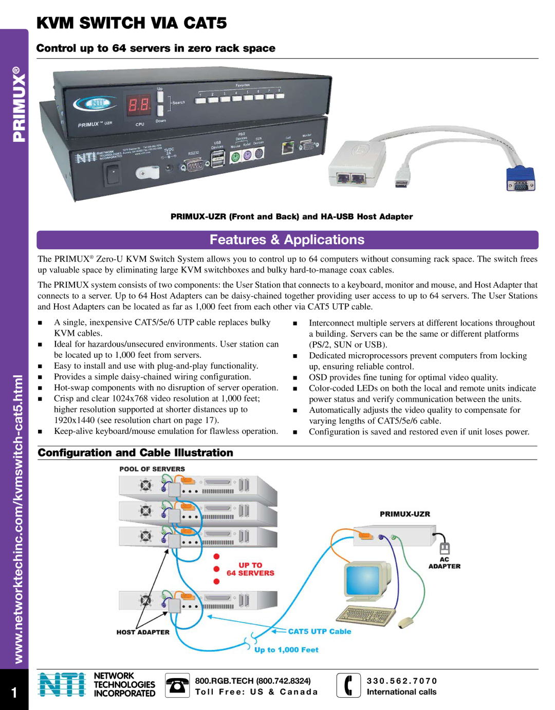 Network Technologies PRIMUx-UZR manual Features & Applications, Cat5.html, Control up to 64 servers in zero rack space 